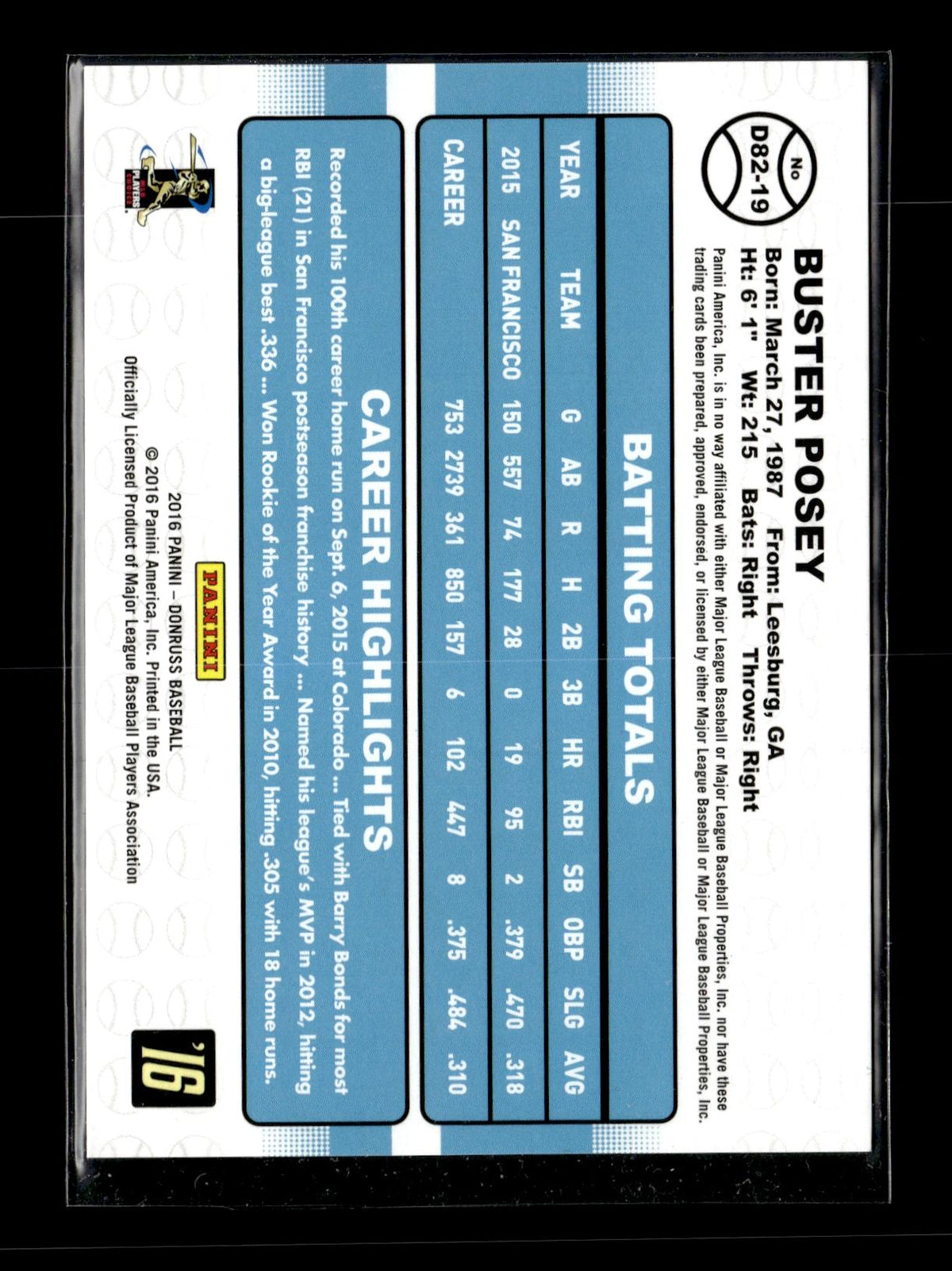2016 Donruss Buster Posey #D82-19 1982 Holometric Border #/299 San Francisco Giants