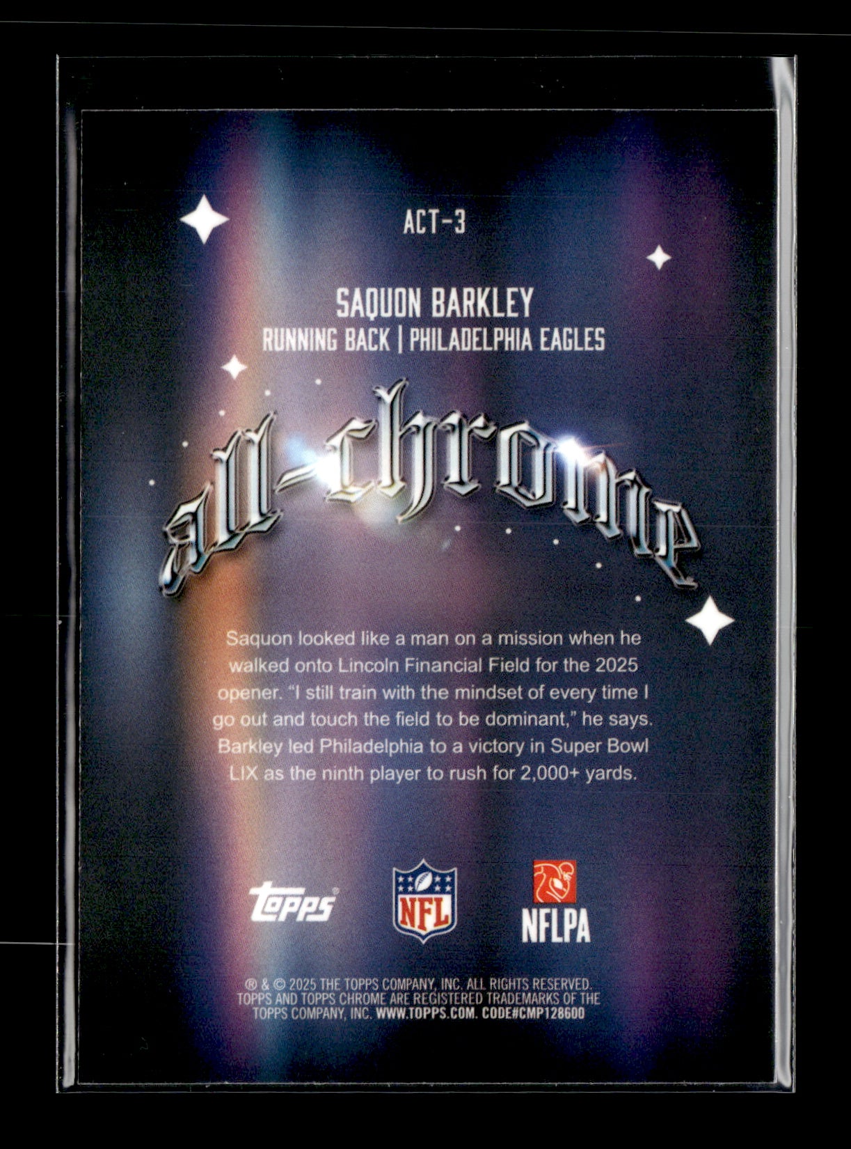 2025 Topps Chrome Saquon Barkley #ACT-3 All-Chrome Team Aqua Refractor #/199 Philadelphia Eagles