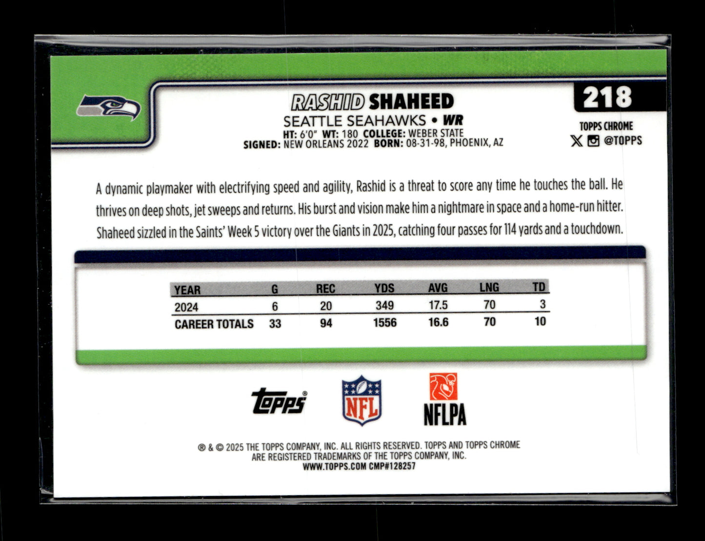 2025 Topps Chrome Rashid Shaheed #218 Yellow Wave Refractor #/275 Seattle Seahawks