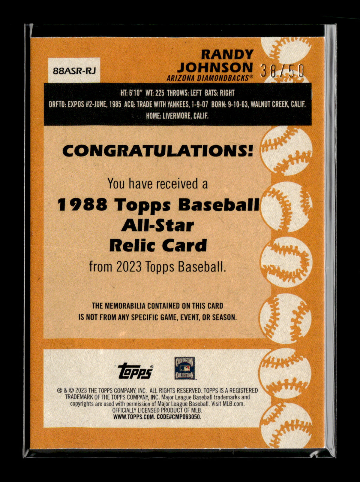 2023 Topps Randy Johnson #88ASR-RJ 1988 Topps Baseball 35th Anniversary All-Stars Relics Gold #/50 Arizona Diamondbacks