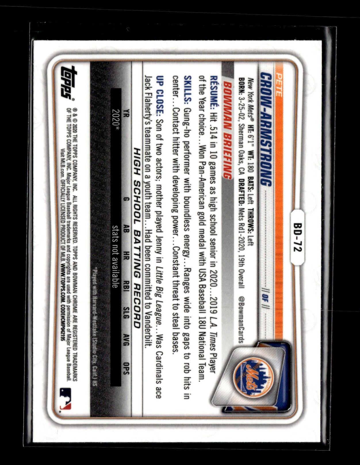 2020 Bowman Draft Pete Crow-Armstrong #BD-72 Chrome New York Mets