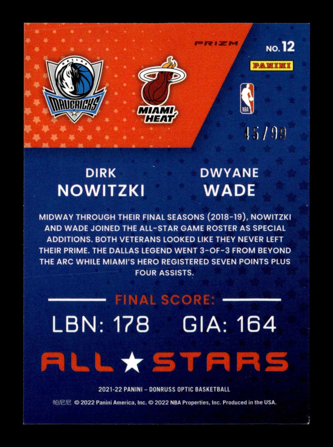 2021-22 Donruss Optic Dirk Nowitzki / Dwyane Wade #12 All-Stars Red Mavericks/ Heat