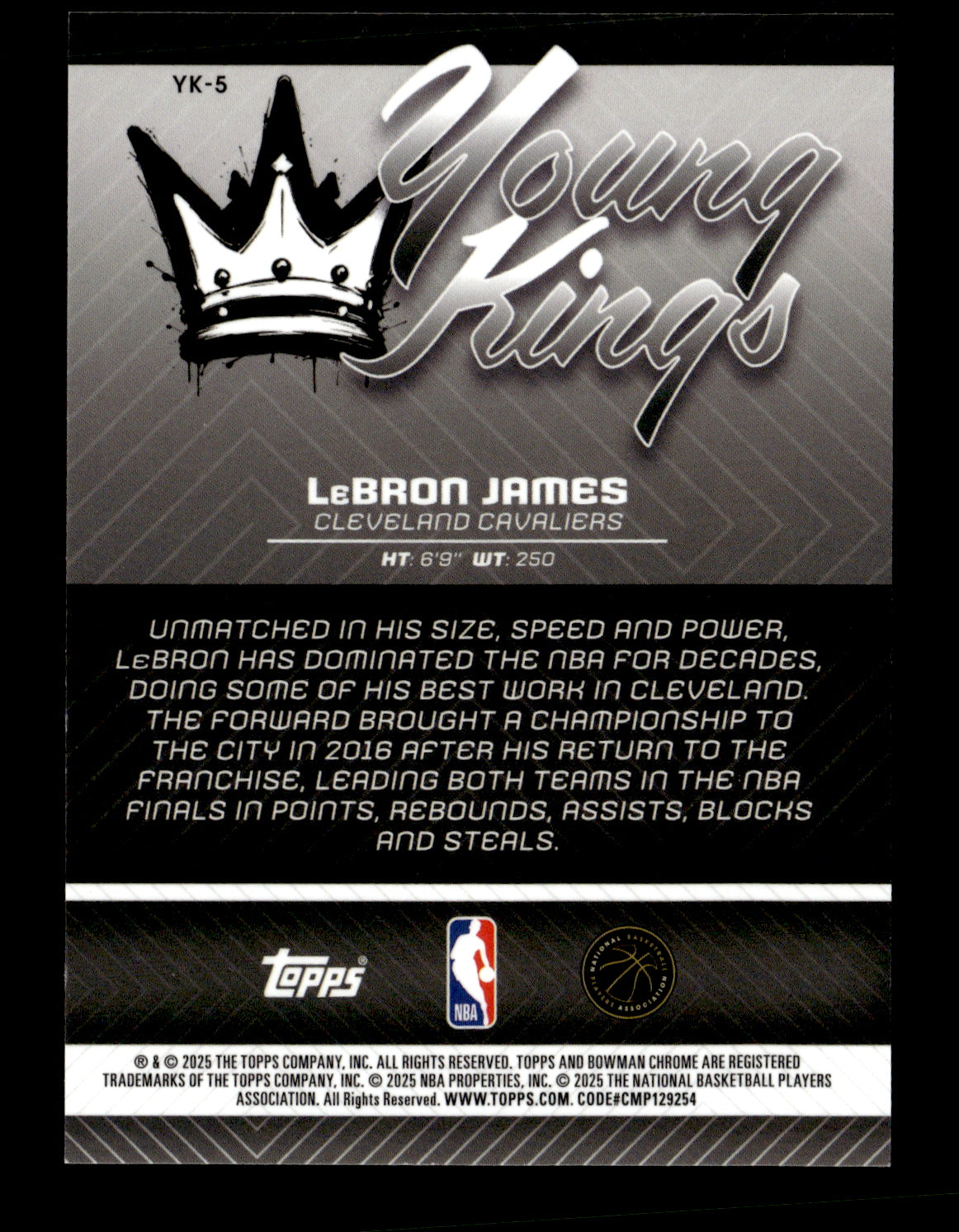 2025-26 Bowman LeBron James #YK-5 Young Kings Purple Refractors #/250 Cleveland Cavaliers