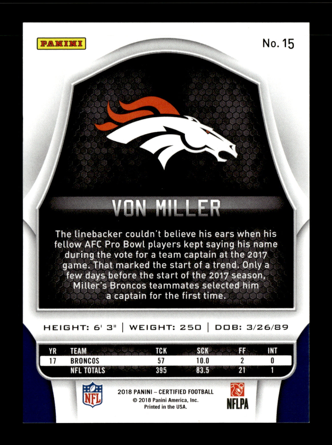 2018 Panini Certified Von Miller #15 Mirror Gold #/25 Denver Broncos