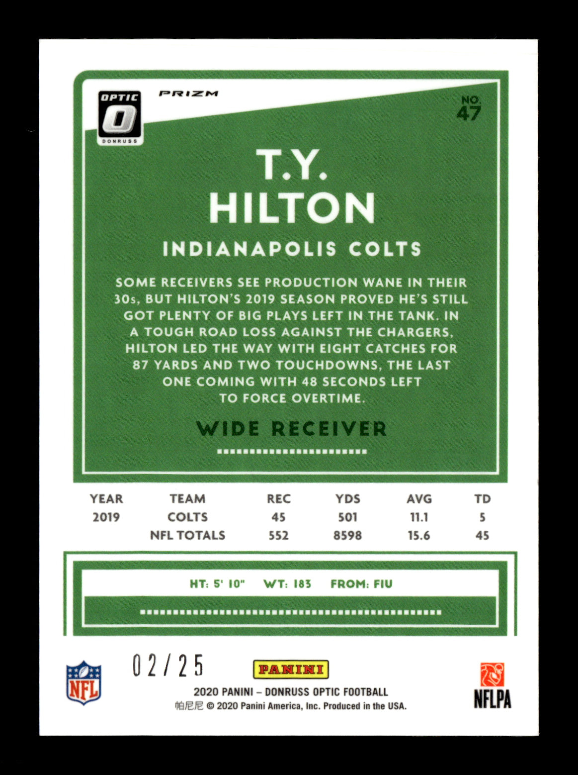 2020 Donruss Optic T.Y. Hilton #47 Purple Stars #/25 Indianapolis Colts