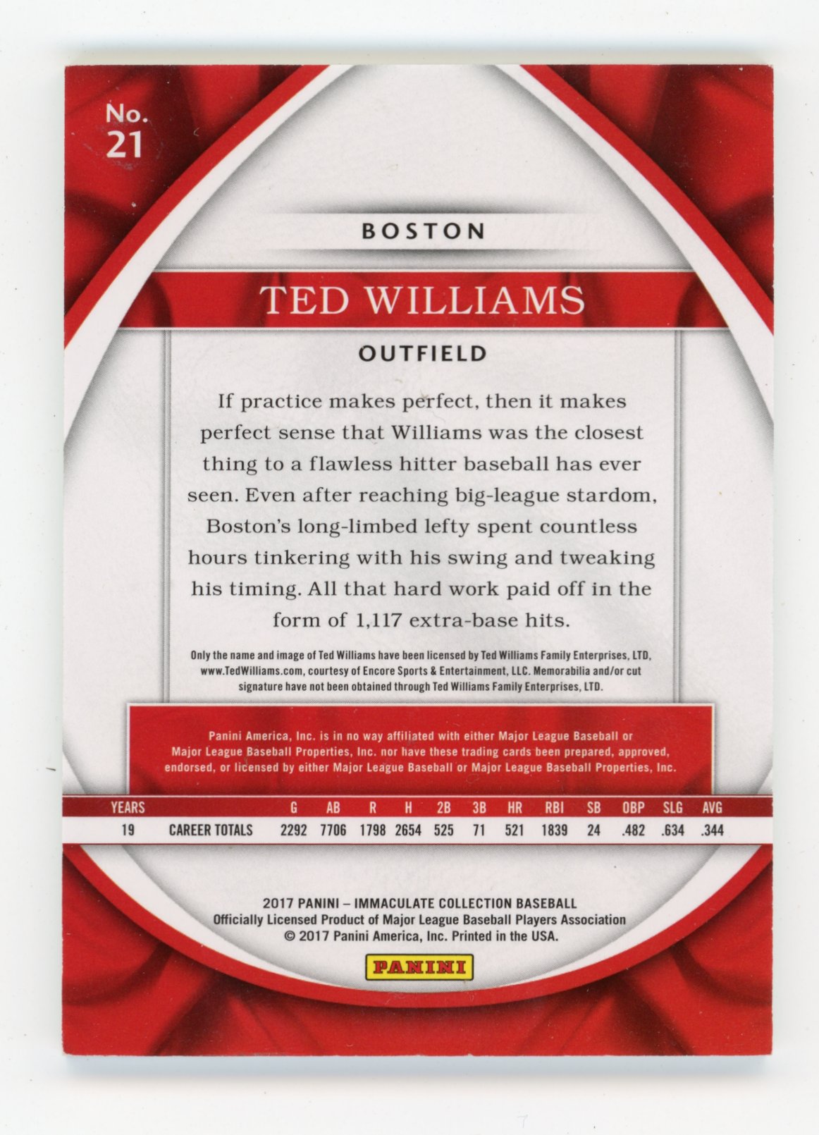 2017 Panini Immaculate Collection Ted Williams #21 #/99 Boston Red Sox