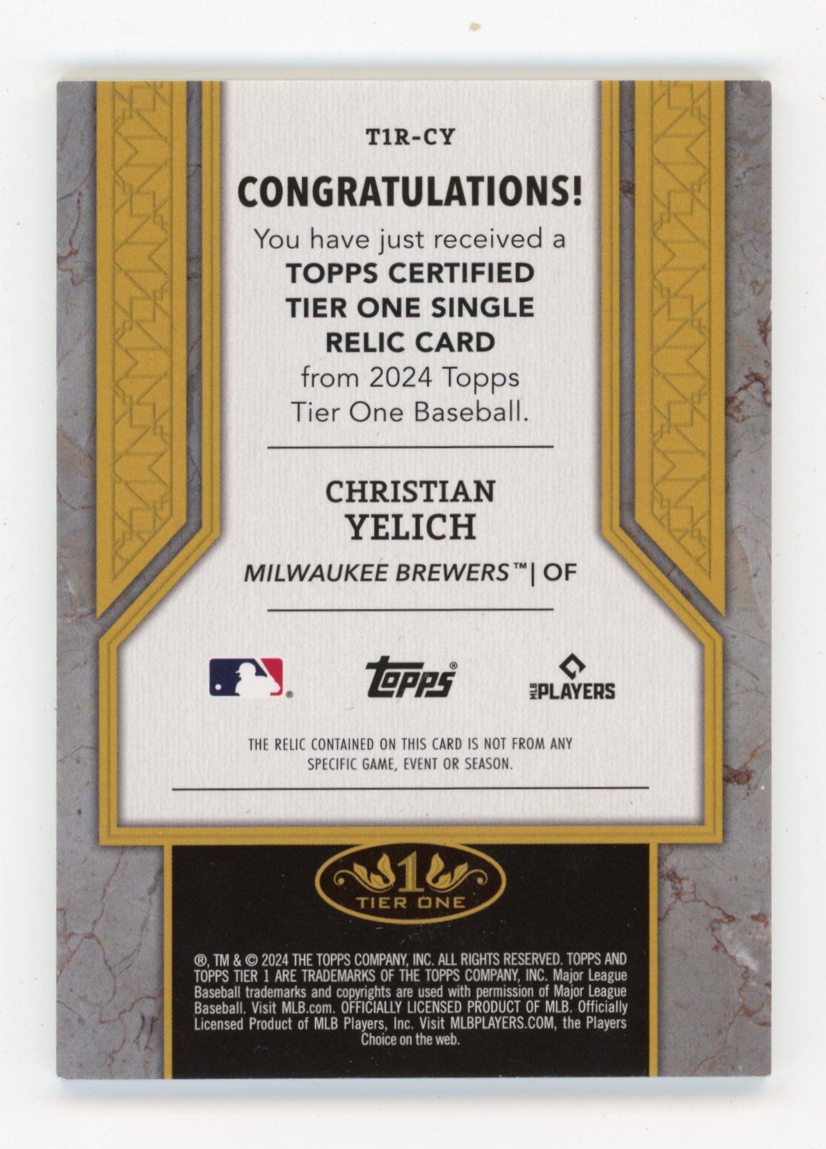 2016 Topps Tier One - Tier One Relics Christian Yelich #T1R-CY #/199 Miami Marlins
