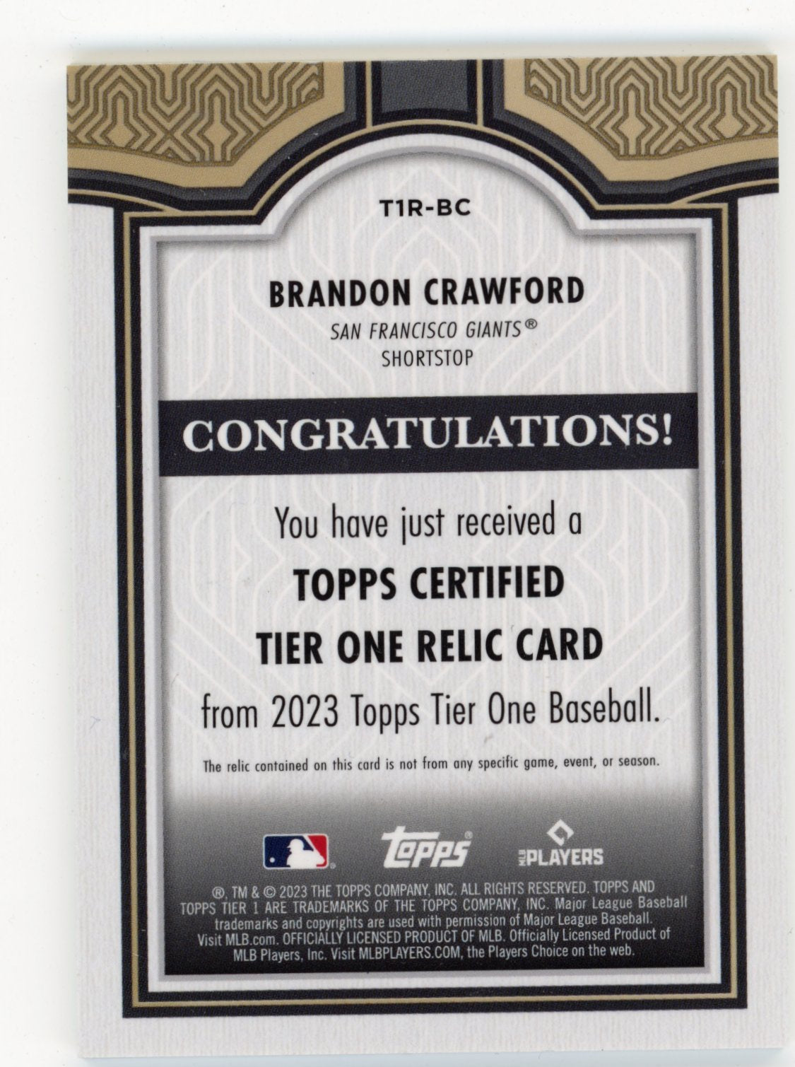 2023 Topps Tier One Brandon Crawford #T1R-BC Tier One Relics (Design B) #/400 San Francisco Giants