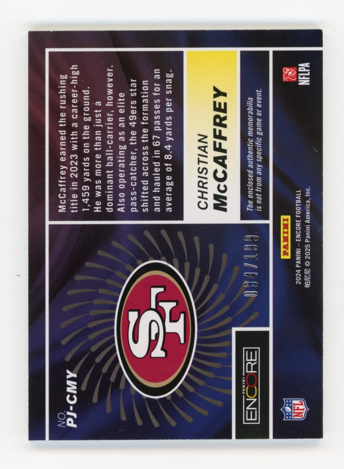 2024 Panini Encore Christian McCaffrey #PJ-CMY Pinnacle Jerseys #/199 San Francisco 49ers