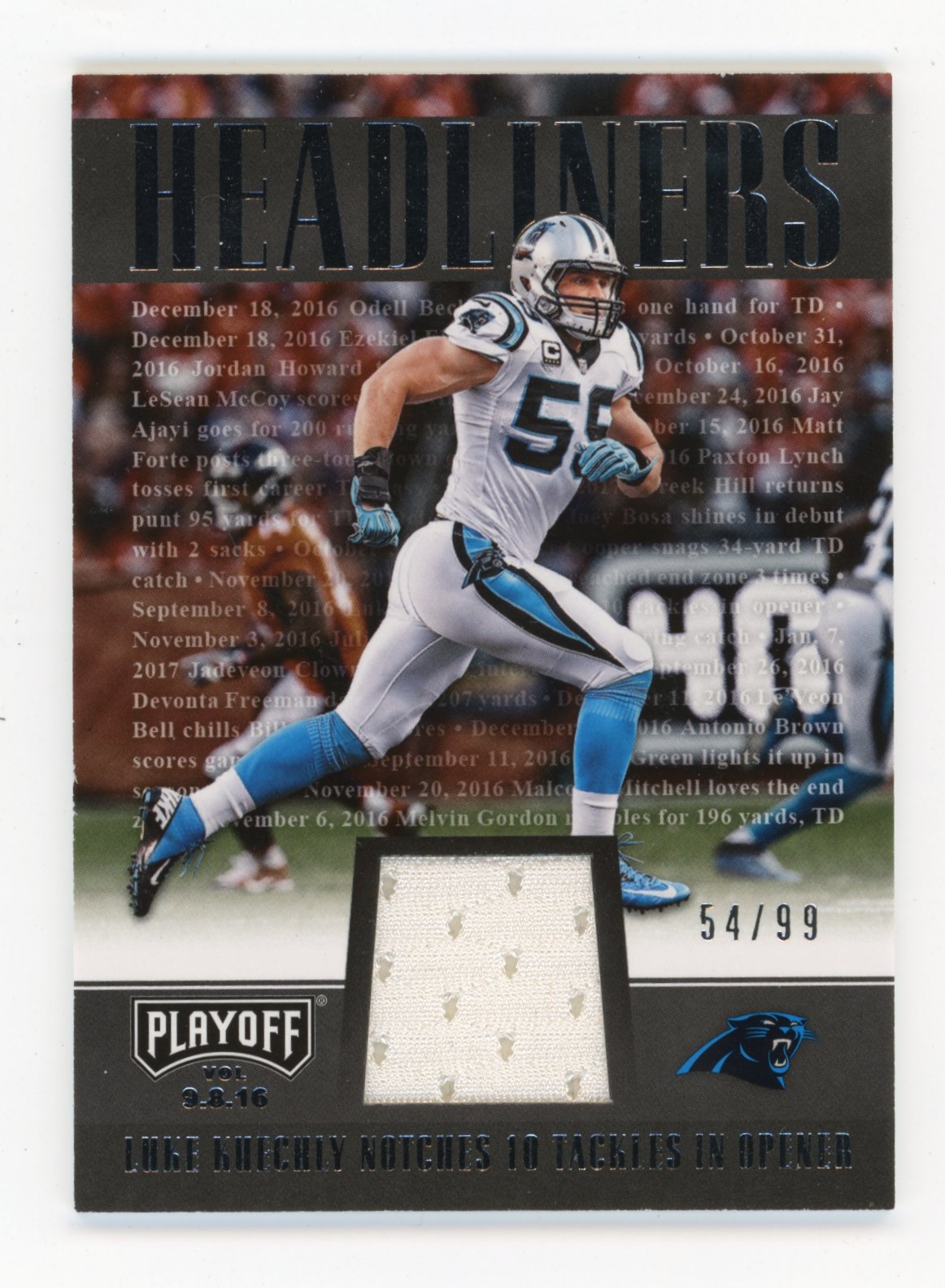 2017 Panini Playoff Luke Kuechly #HL-LK Headliners #/99 Carolina Panthers