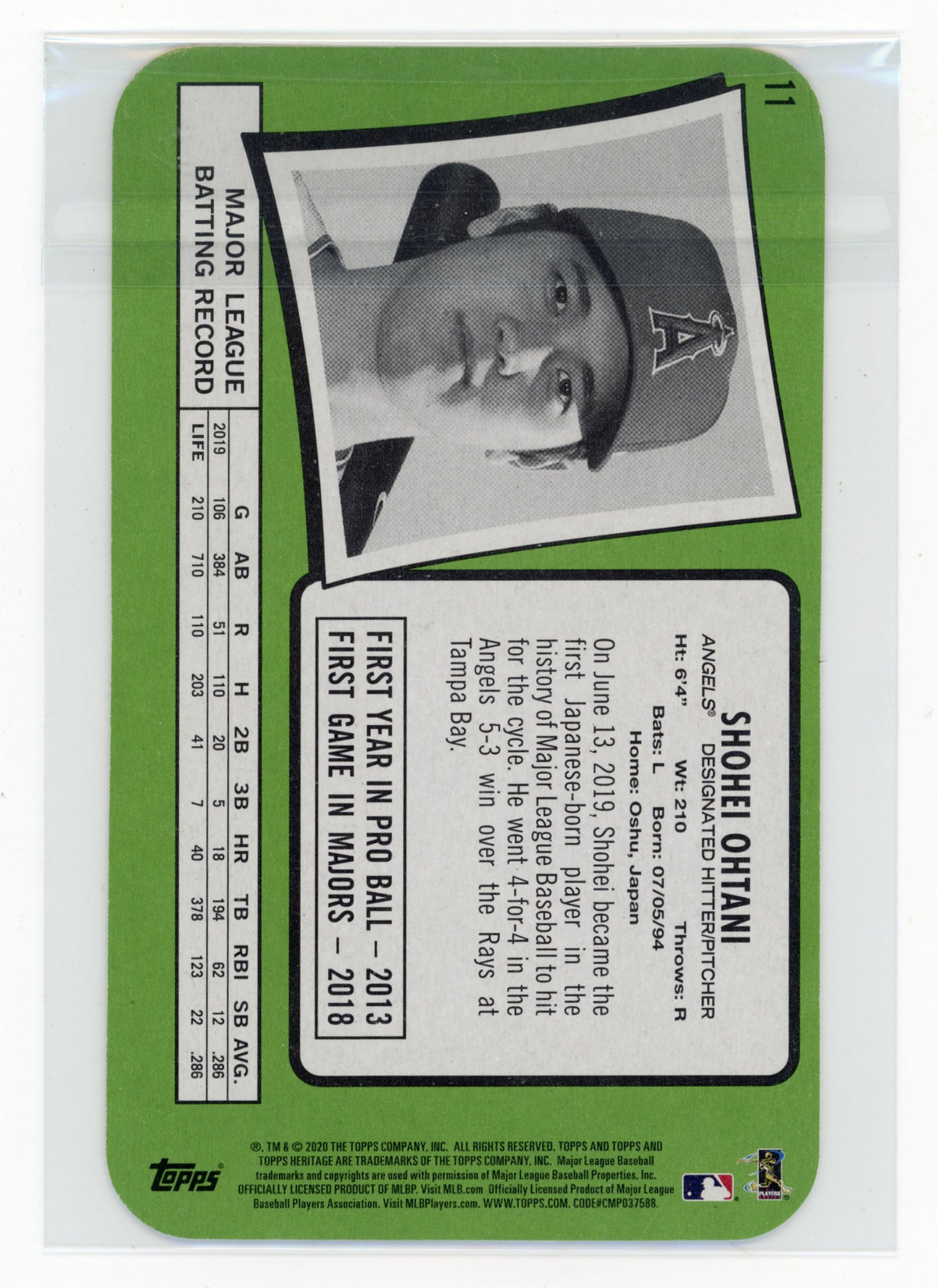 2020 Topps Heritage Shohei Ohtani #11 1971 Topps Super Baseball Box Toppers Los Angeles Angels
