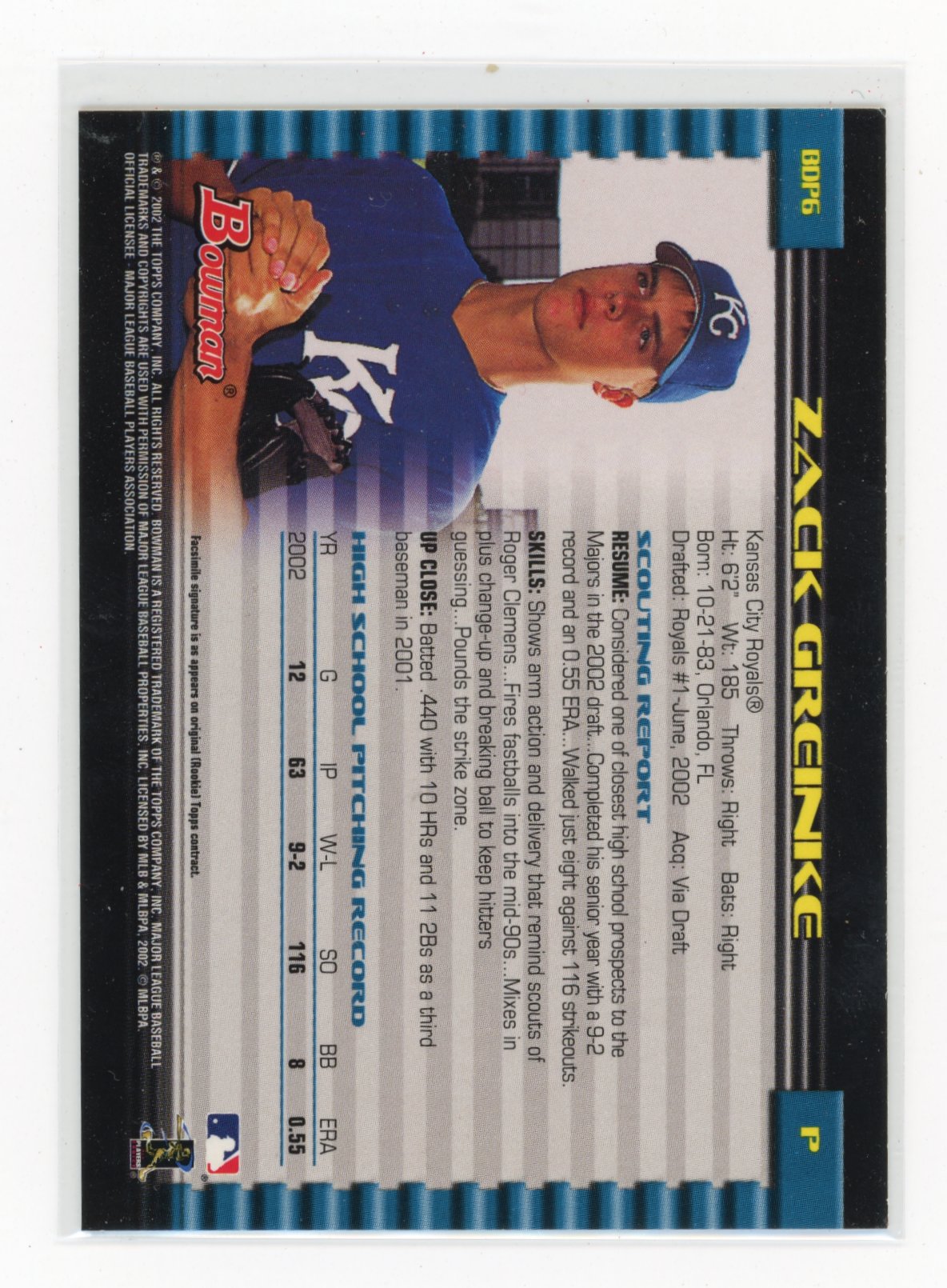 2002 Bowman Draft Picks & Prospects Zack Greinke #BDP6 Kansas City Royals