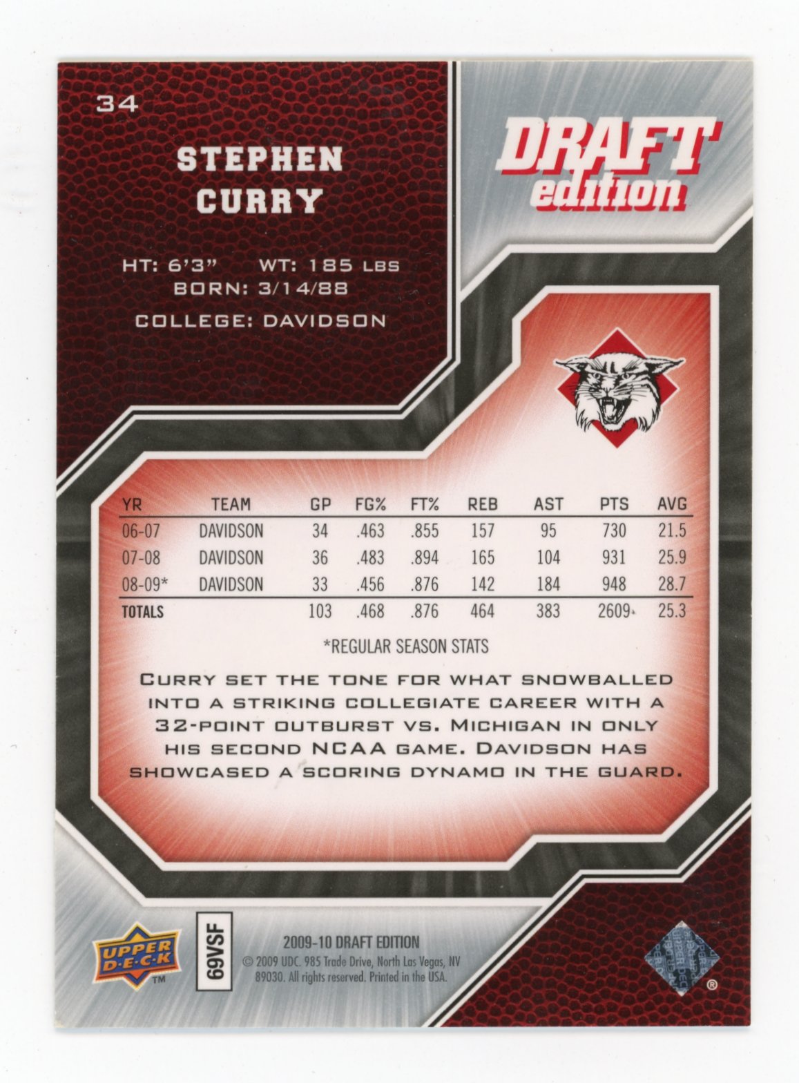 2009-10 Upper Deck Draft Edition Stephen Curry #34 Davidson Wildcats