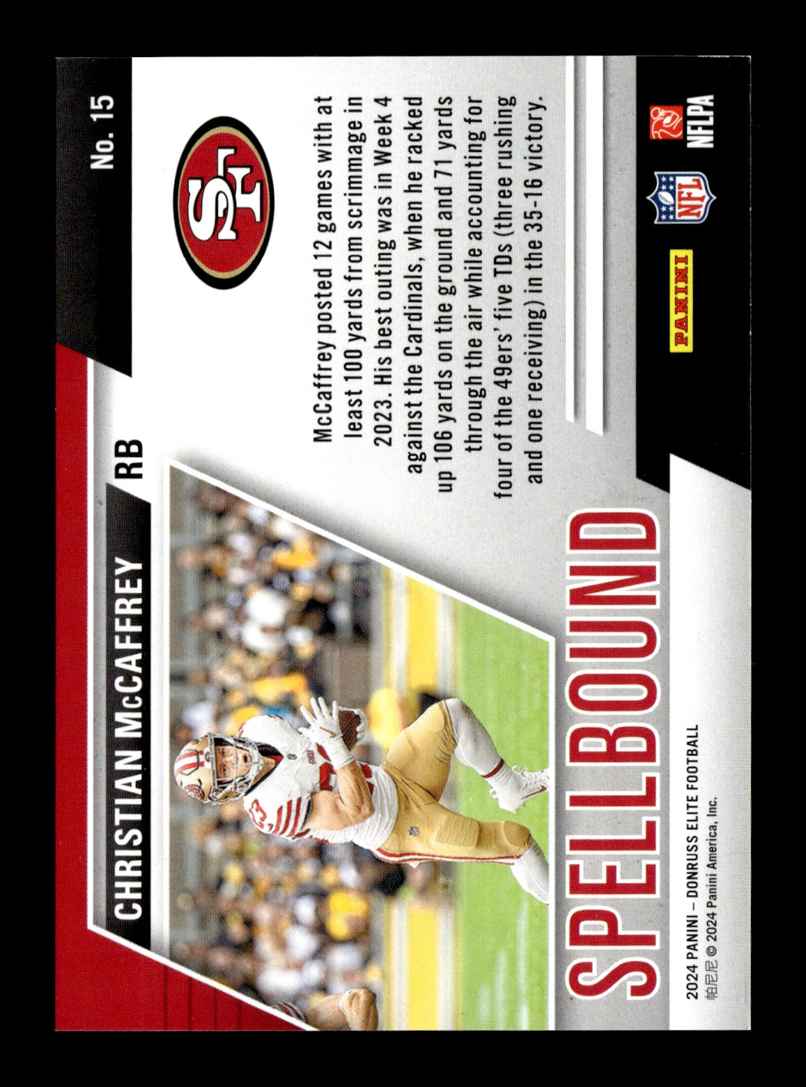2024 Donruss Elite Christian McCaffrey #15 Spellbound Purple #/10 San Francisco 49ers
