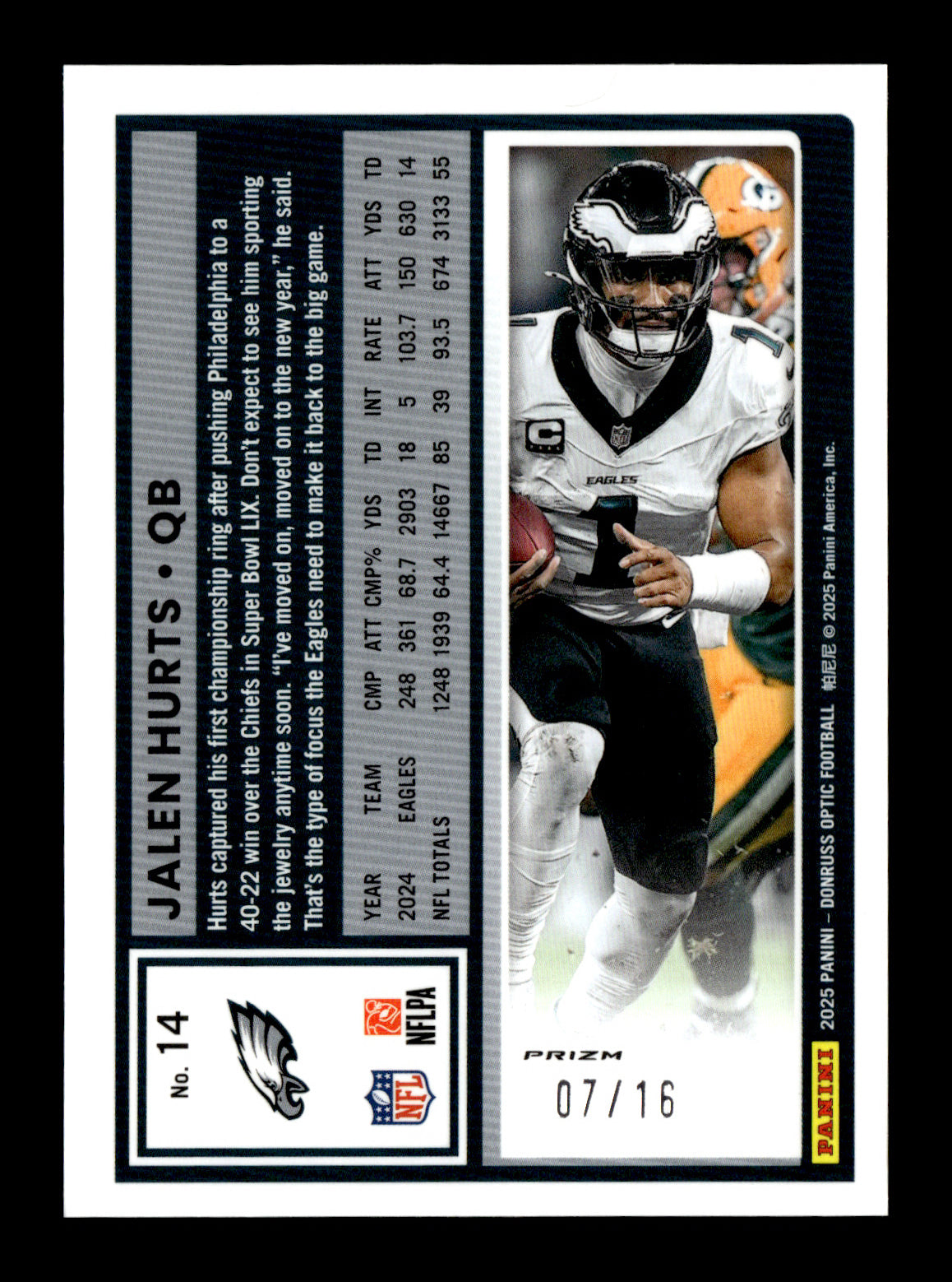 2025 Donruss Optic Jalen Hurts #14 Footballs #/16 Philadelphia Eagles