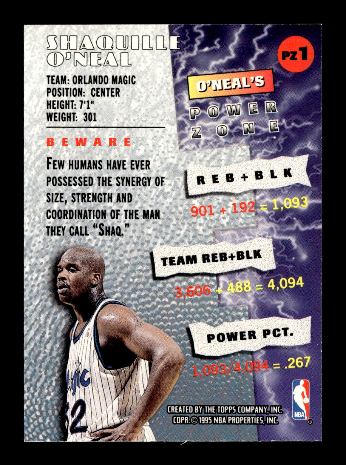 1995-96 Stadium Club Shaquille O'Neal #PZ1 Power Zone Orlando Magic