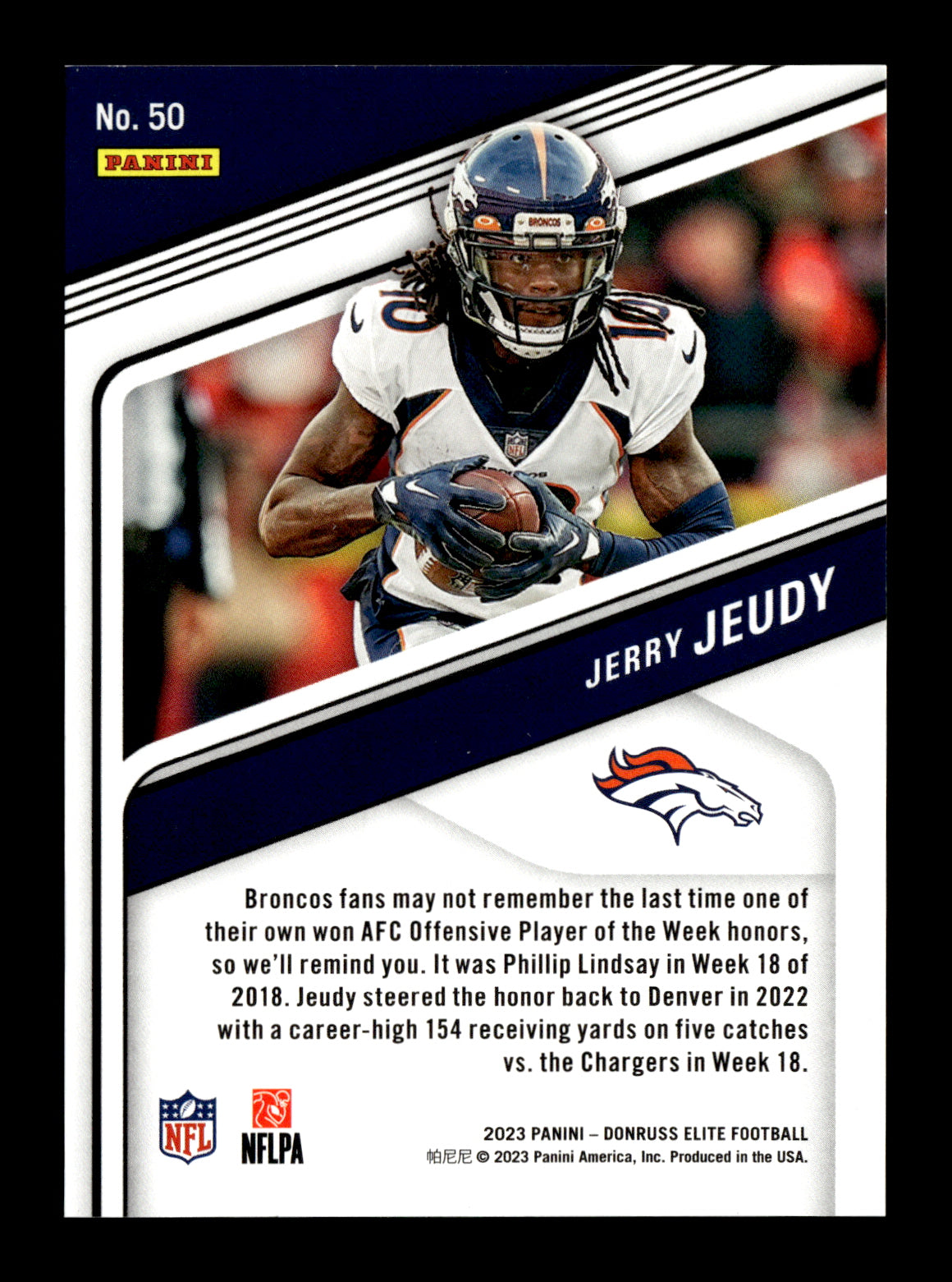 2023 Donruss Elite Jerry Jeudy #50 Status #/10 Denver Broncos
