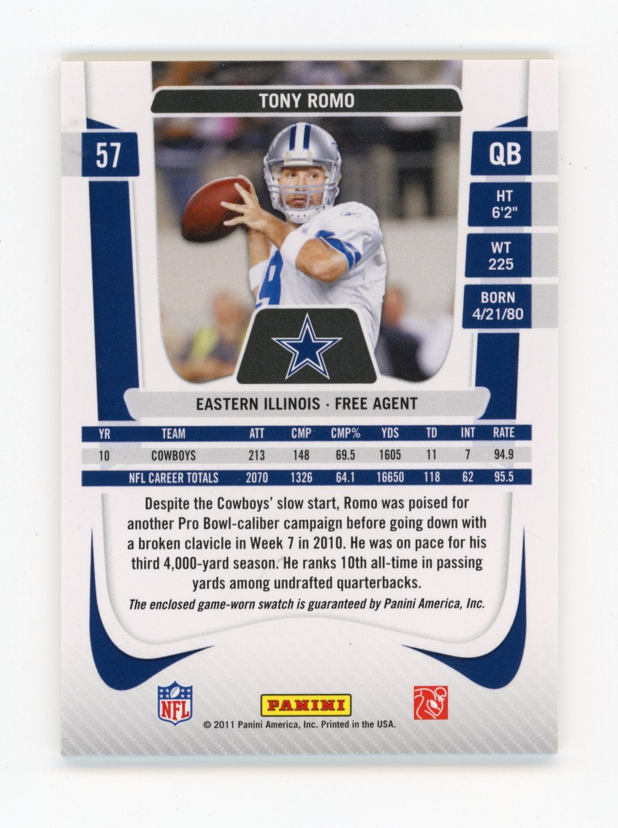 2011 Panini Prestige Tony Romo #57 Platinum Patches Dallas Cowboys