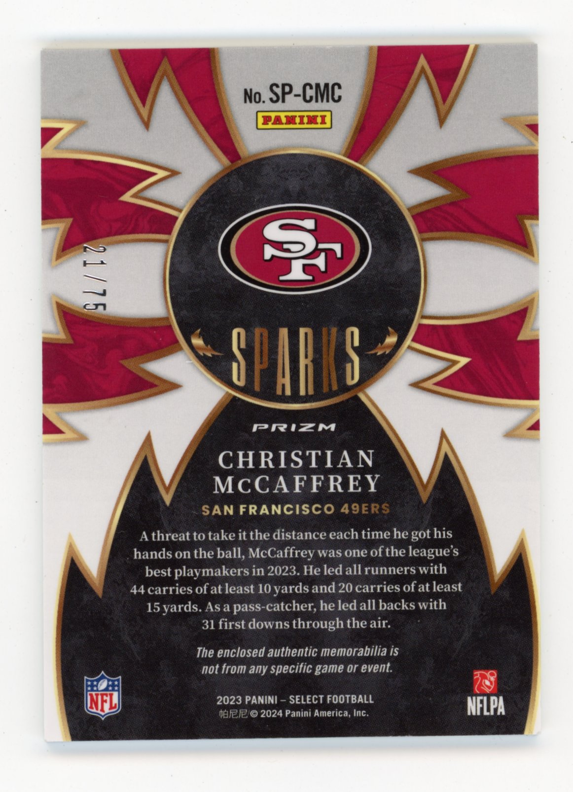 2023 Panini Select Christian McCaffrey #SP-CMC Sparks White Prizm #/75 San Francisco 49ers