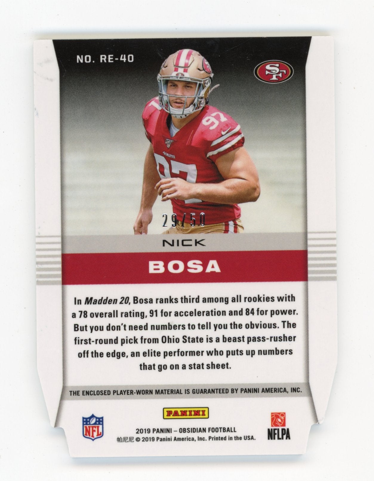2019 Panini Obsidian Nick Bosa #RE-40 Rookie Eruption Electric Etch Orange #/50 San Francisco 49ers