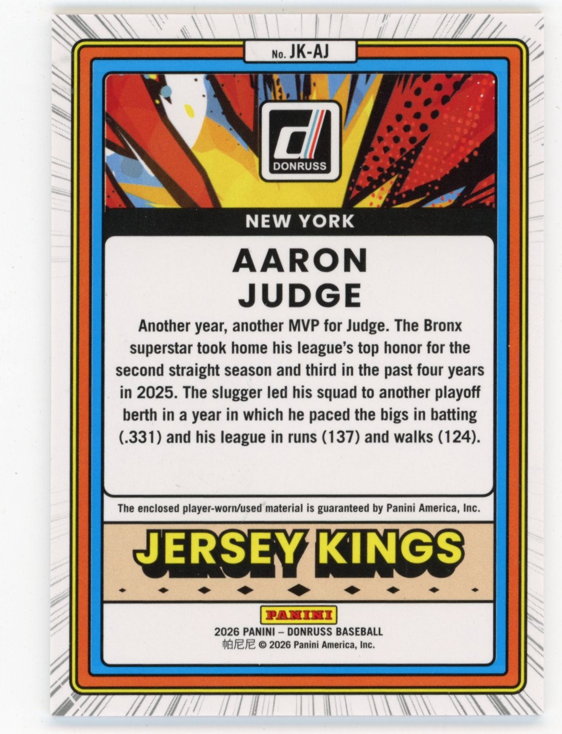 2026 Donruss Aaron Judge #JK-AJ Jersey Kings Red #/99 New York Yankees