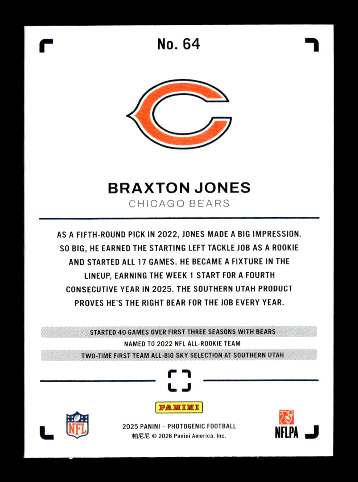 2025 Panini Photogenic Braxton Jones #64 Blue #/49 Chicago Bears