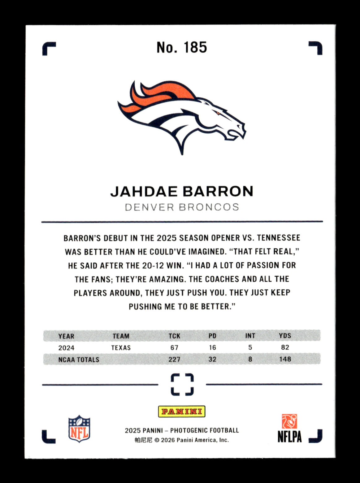 2025 Panini Photogenic Jahdae Barron #185 Silver #/15 Denver Broncos