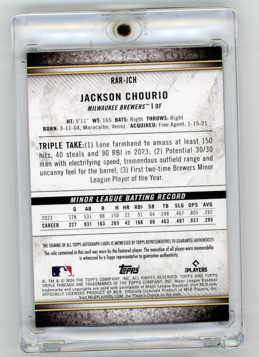 2024 Triple Threads Jackson Chourio #RAR-JCH RC Autographed Relics /99 Brewers