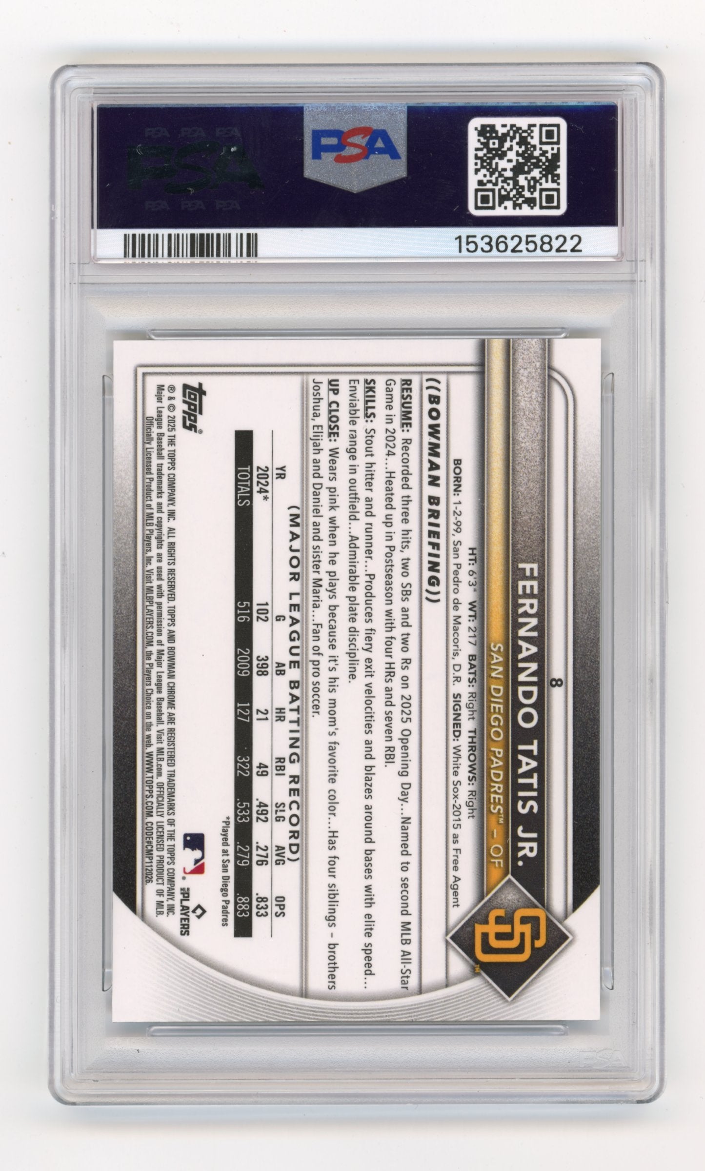 2025 Bowman Chrome Fernando Tatis Jr. #8 Black Geometric /10 PSA 10 Padres