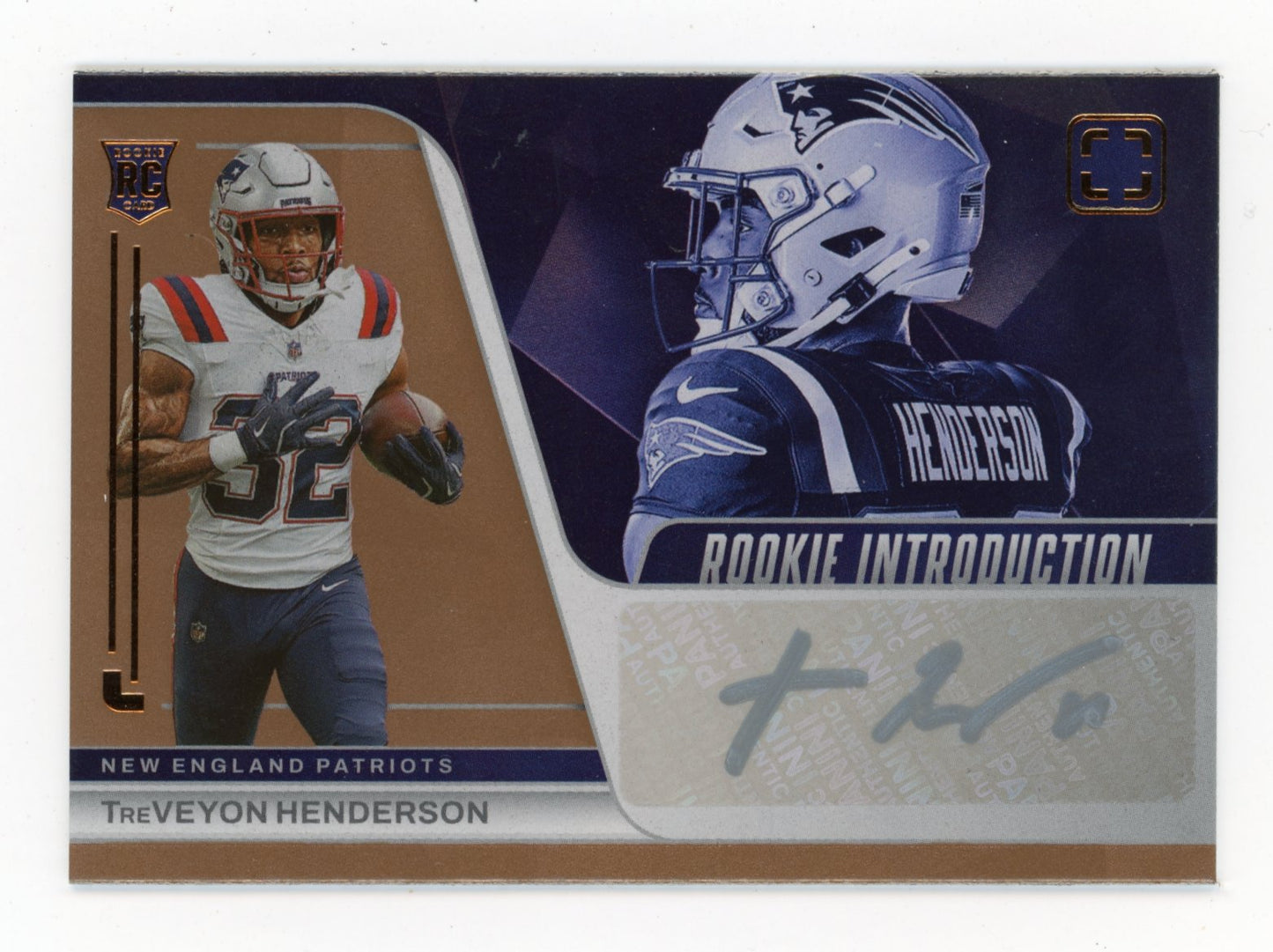 2025 Panini Photogenic TreVeyon Henderson #RKI-THN Rookie Introduction Signatures Bronze Patriots
