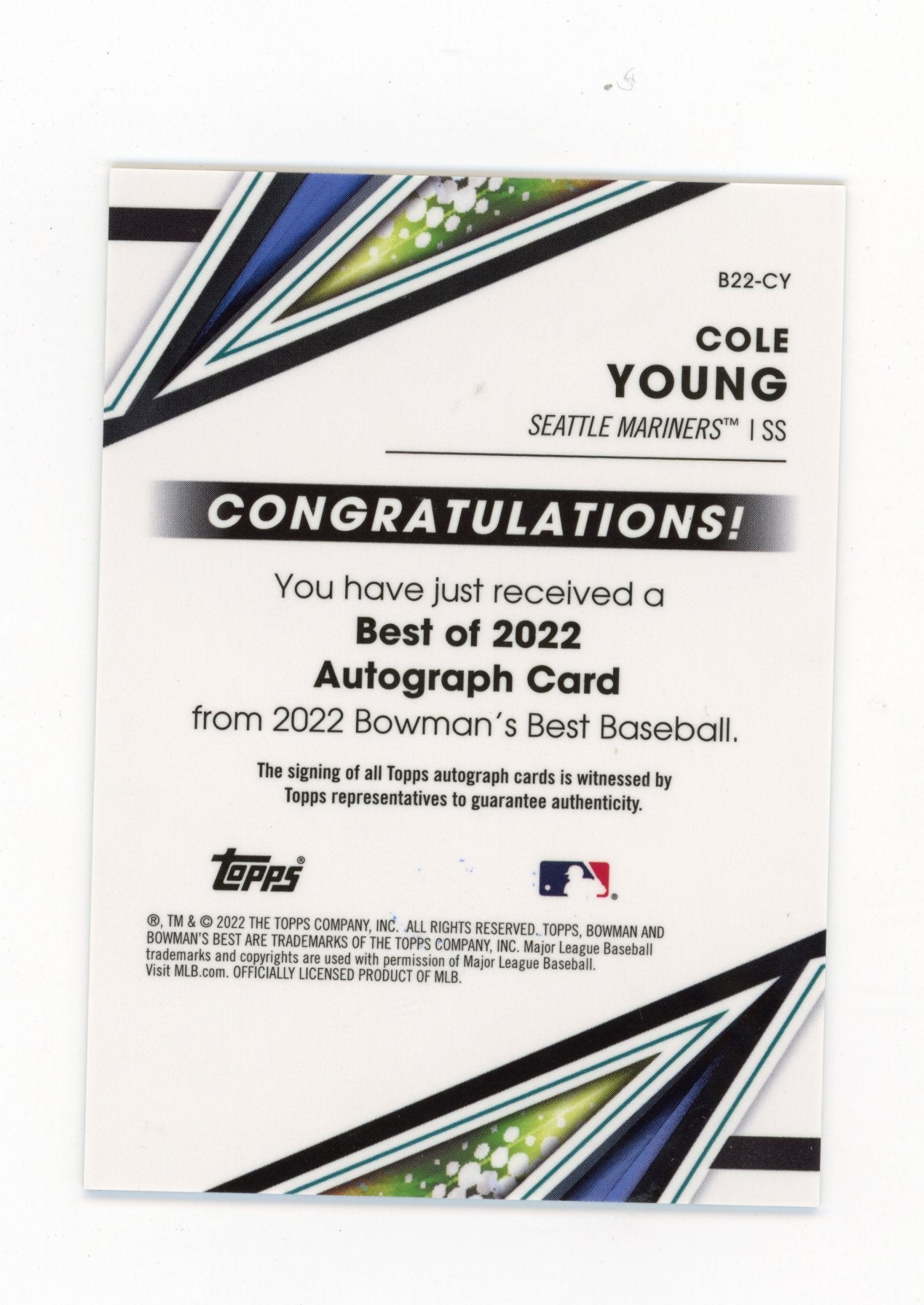 2022 Bowman's Best Cole Young #B22-CY Best of 2022 Autographs #/150 Mariners