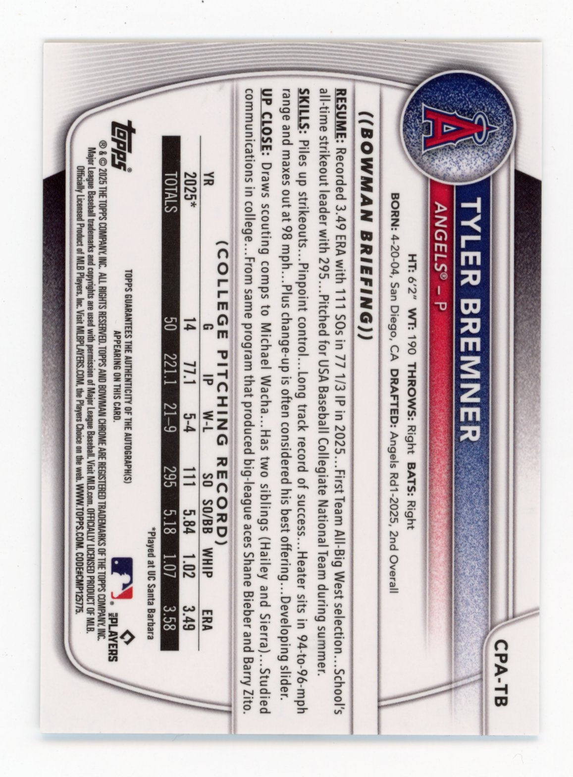 2025 Bowman Draft Tyler Bremner #CPA-TB Chrome Prospect Autographs Angels