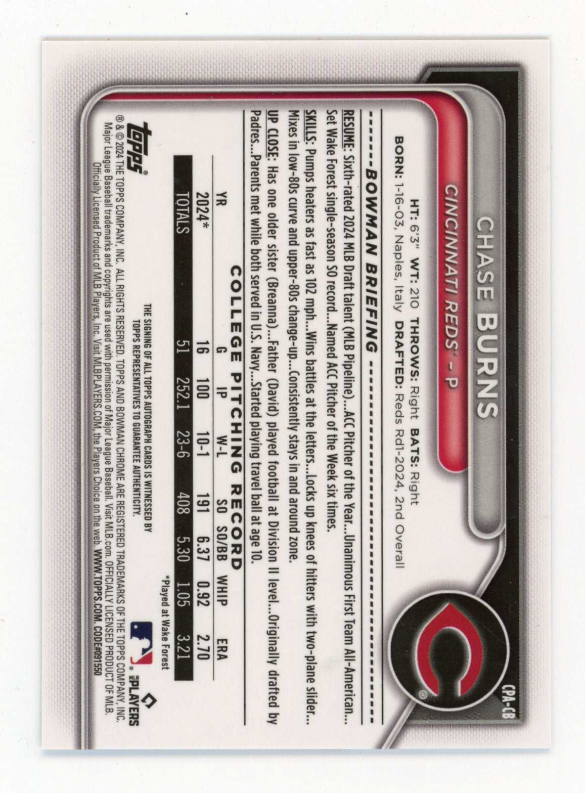 2024 Bowman Draft Chase Burns #CPA-CB Chrome Prospect Autographs Cincinnati Reds