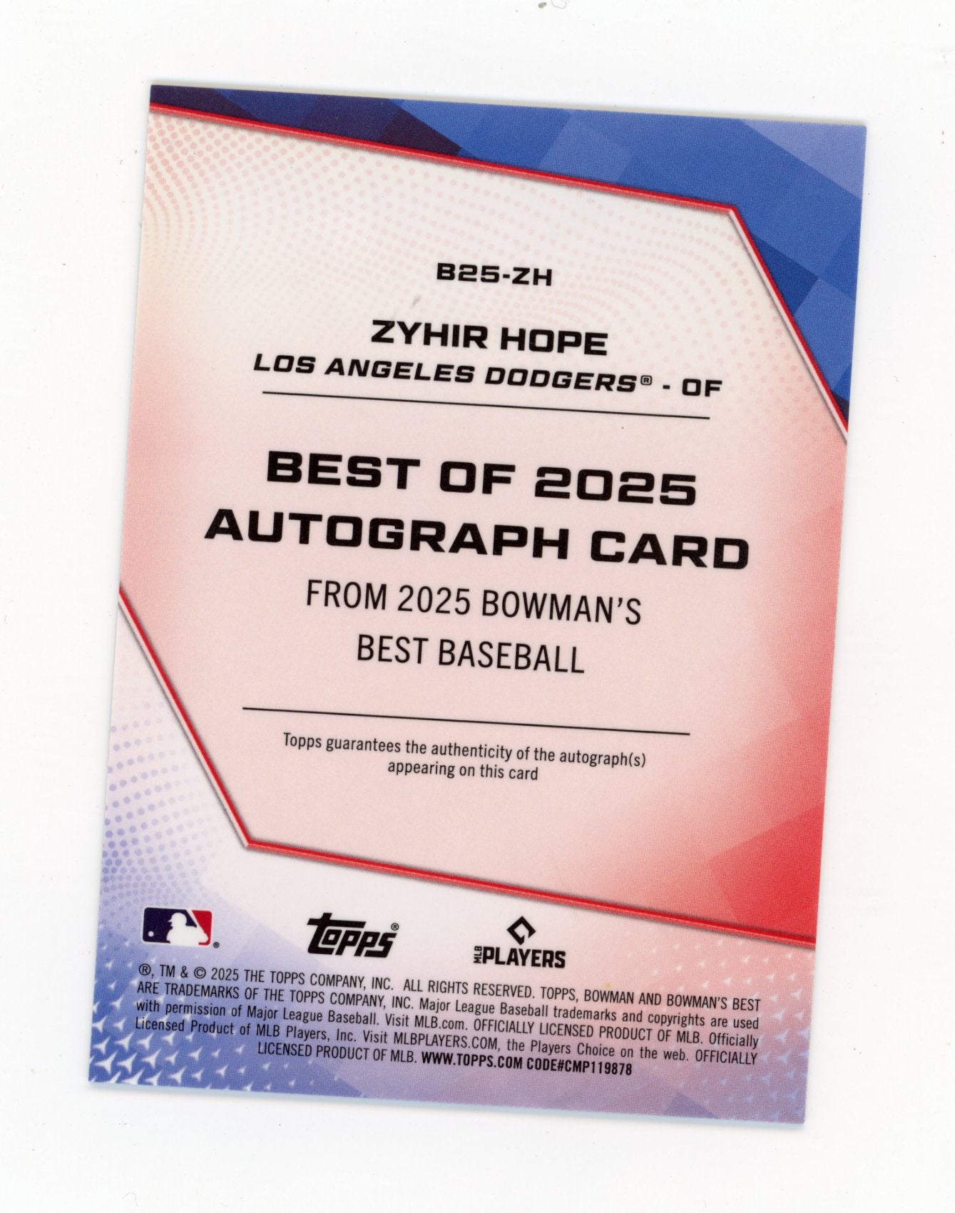 2025 Bowman's Best Zyhir Hope #B25-ZH Best of 2025 Autographs Purple Refractors #/75 Los Angeles Dodgers