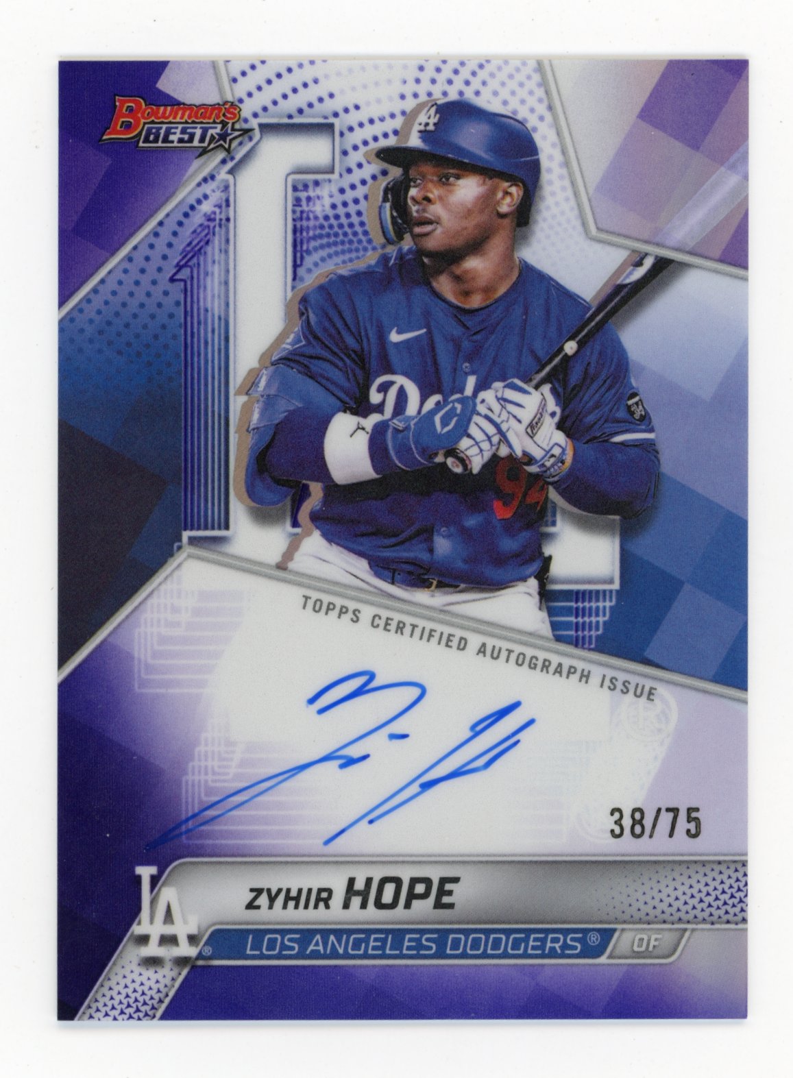 2025 Bowman's Best Zyhir Hope #B25-ZH Best of 2025 Autographs Purple Refractors #/75 Los Angeles Dodgers