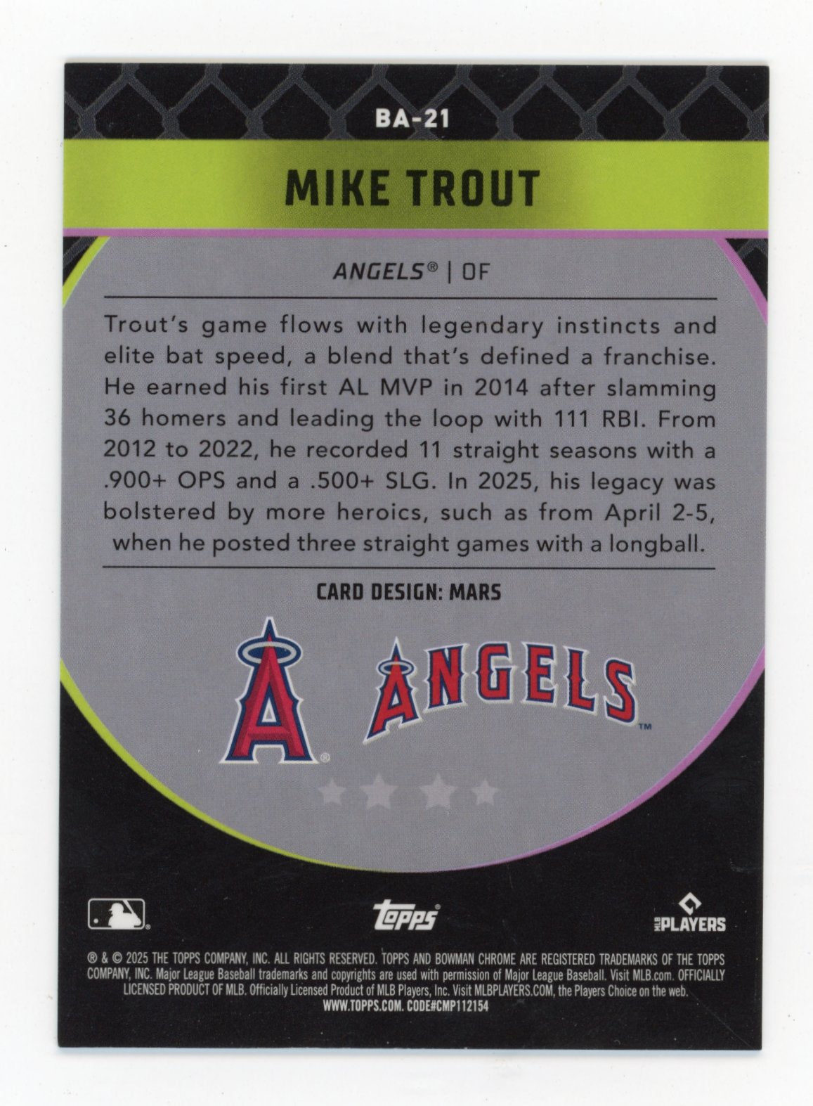 2025 Bowman Chrome Mike Trout #BA-21 Bowman Ascensions Los Angeles Angels