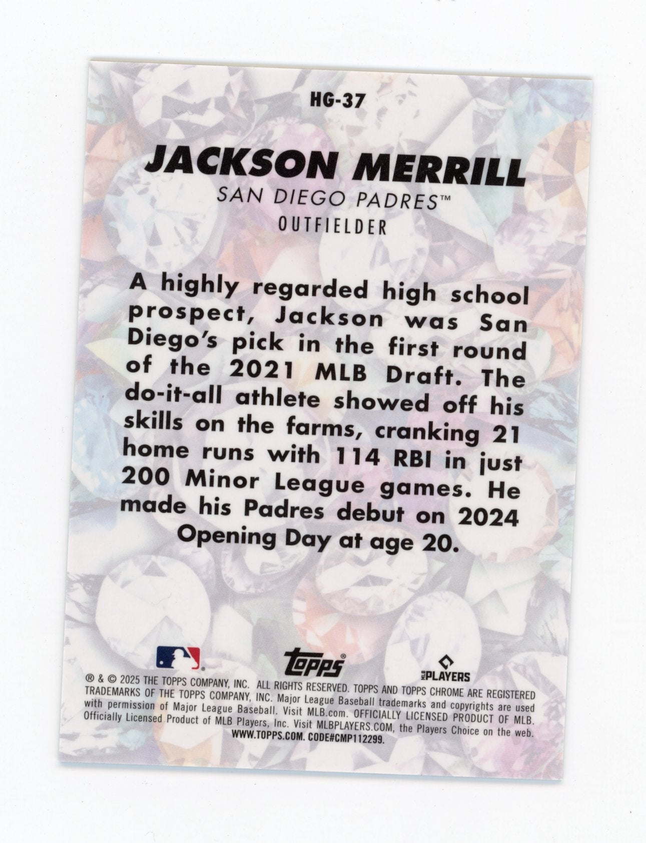 2025 Bowman Chrome Jackson Merrill #HG-37 Hidden Gems San Diego Padres