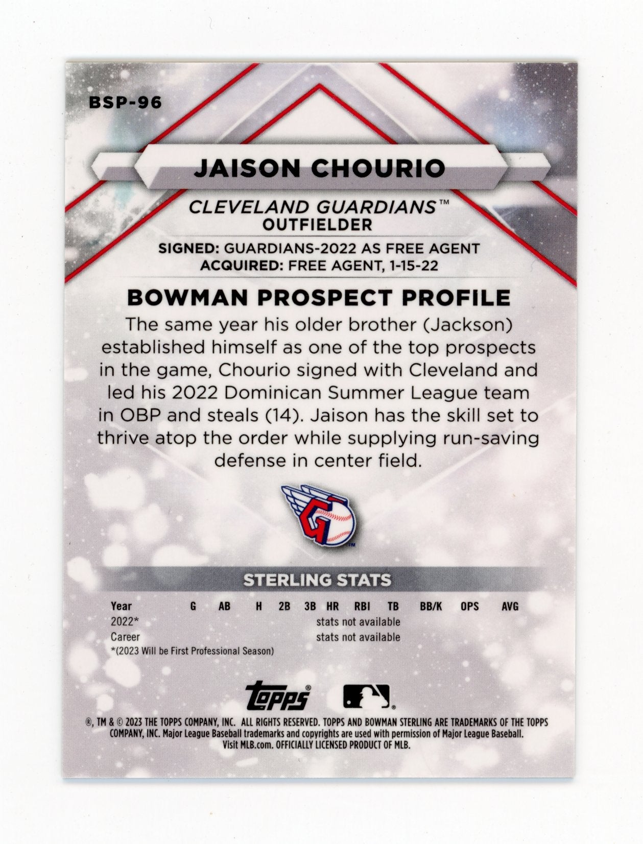 2023 Bowman Sterling Jaison Chourio #BSP-96 Gold Refractors #/50 Cleveland Guardians