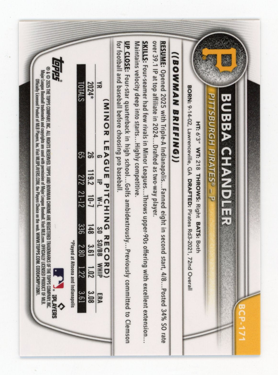 2025 Bowman Chrome Bubba Chandler #BCP-171 Prospects Red Wave #/5 Pittsburgh Pirates