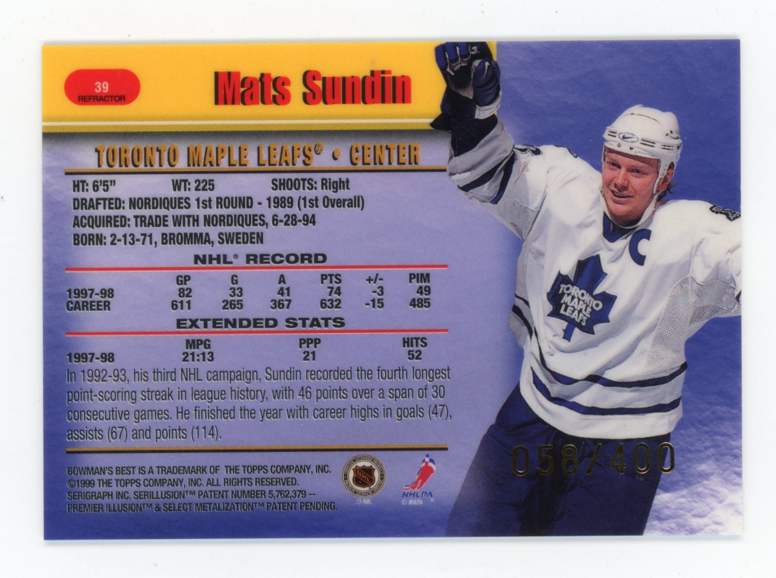 1998-99 Bowman's Best Mats Sundin #39 Refractors #/400 Toronto Maple Leafs