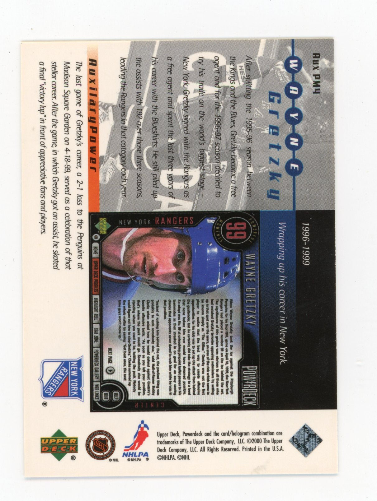 1999-00 Upper Deck PowerDeck Wayne Gretzky #AUXPM4 Powerful Moments Auxiliary New York Rangers