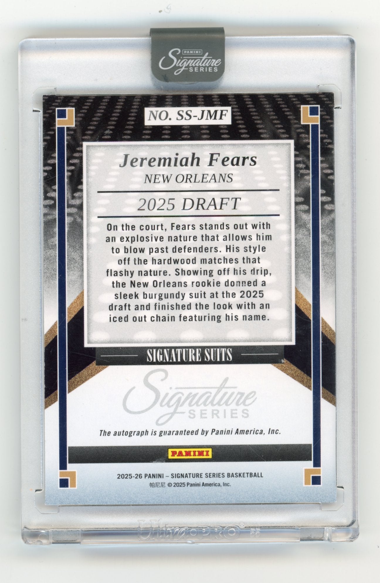 2025 Signature Series Jeremiah Fears #SS-JMF Signature Suits Rookie Autographs #/25 Pelicans