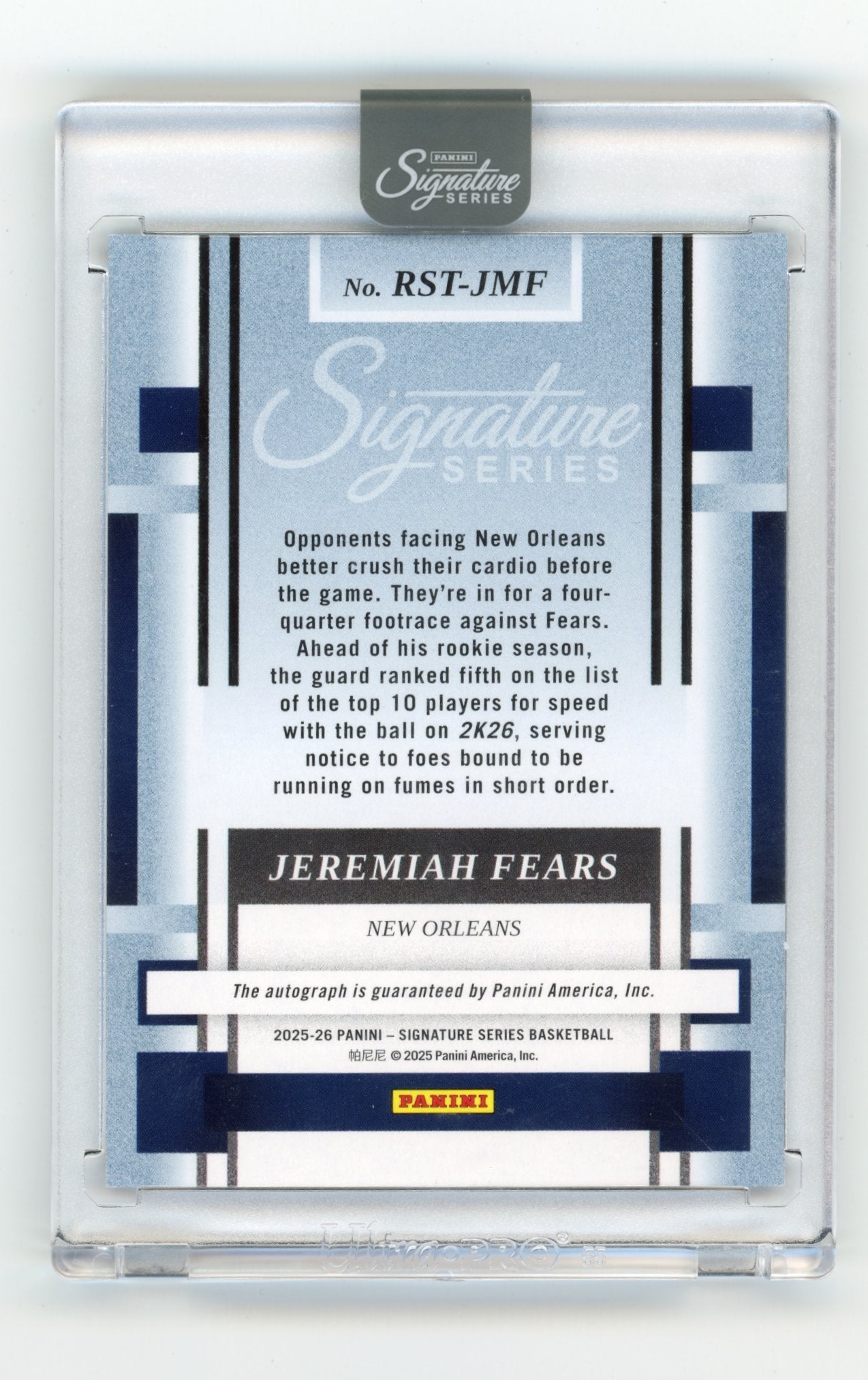 2025-26 Panini Signature Series Jeremiah Fears #RST-JMF Rookie Season Ticket Autographs New Orleans Pelicans