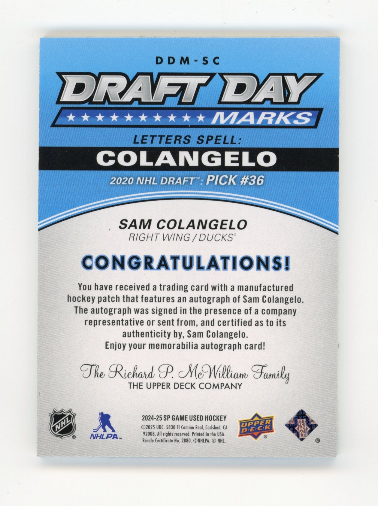 2024-25 SP Game Used Sam Colangelo #DDM-SC Draft Day Marks Anaheim Ducks