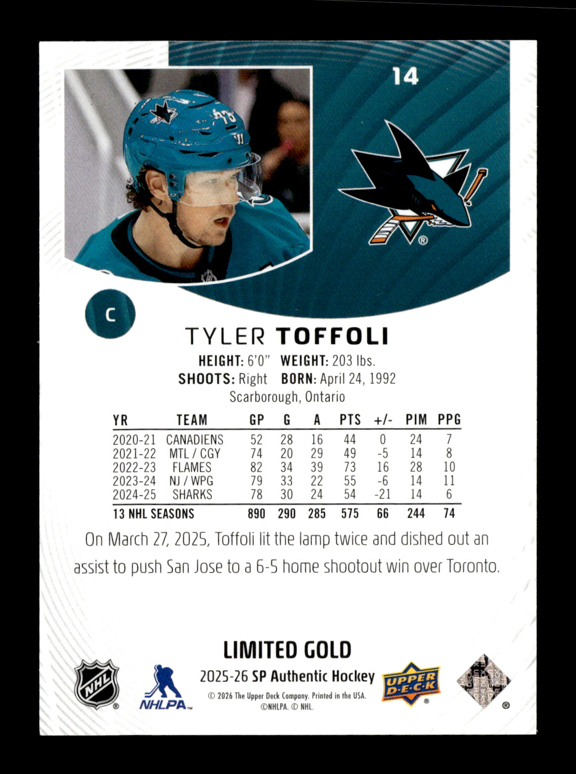 2025-26 SP Authentic Tyler Toffoli #14 Limited Gold San Jose Sharks