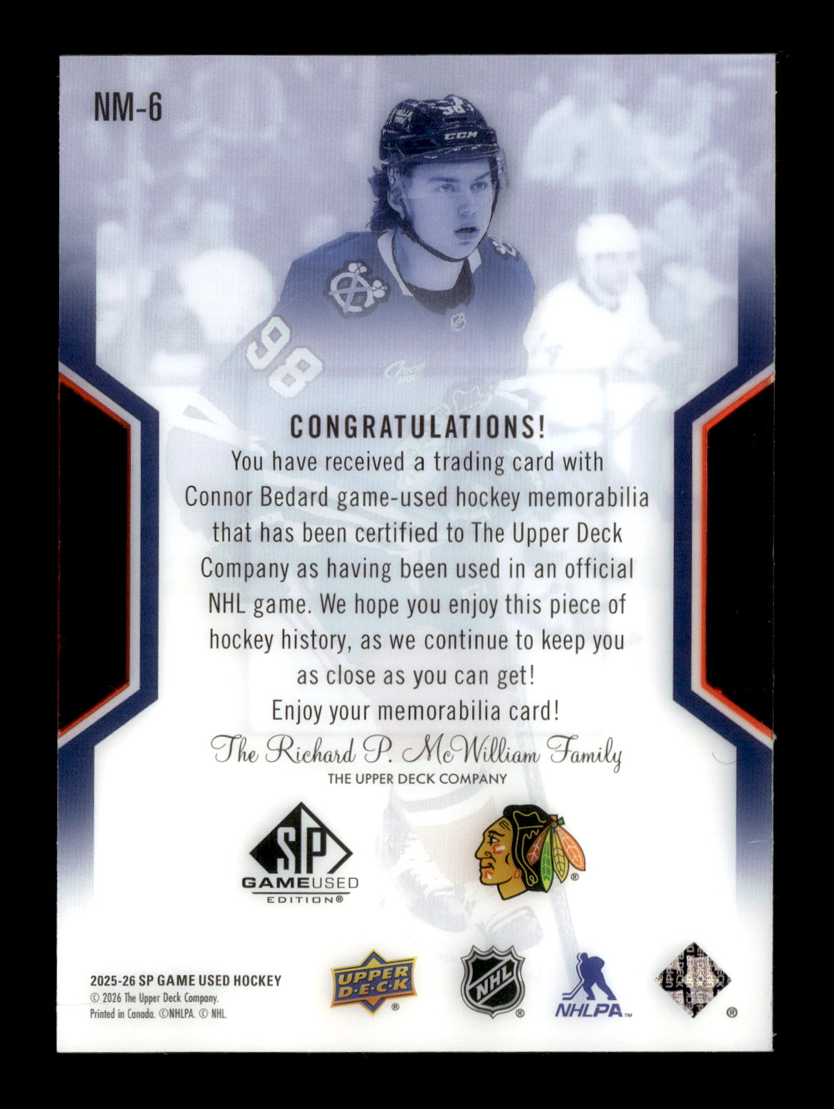 2025-26 SP Game Used Connor Bedard #NM-6 NHL Masters Jersey Chicago Blackhawks