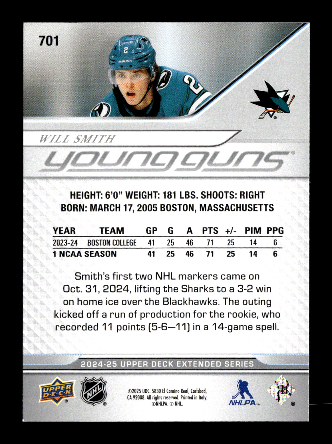 2024-25 Upper Deck Will Smith #701 Deluxe #/250 San Jose Sharks