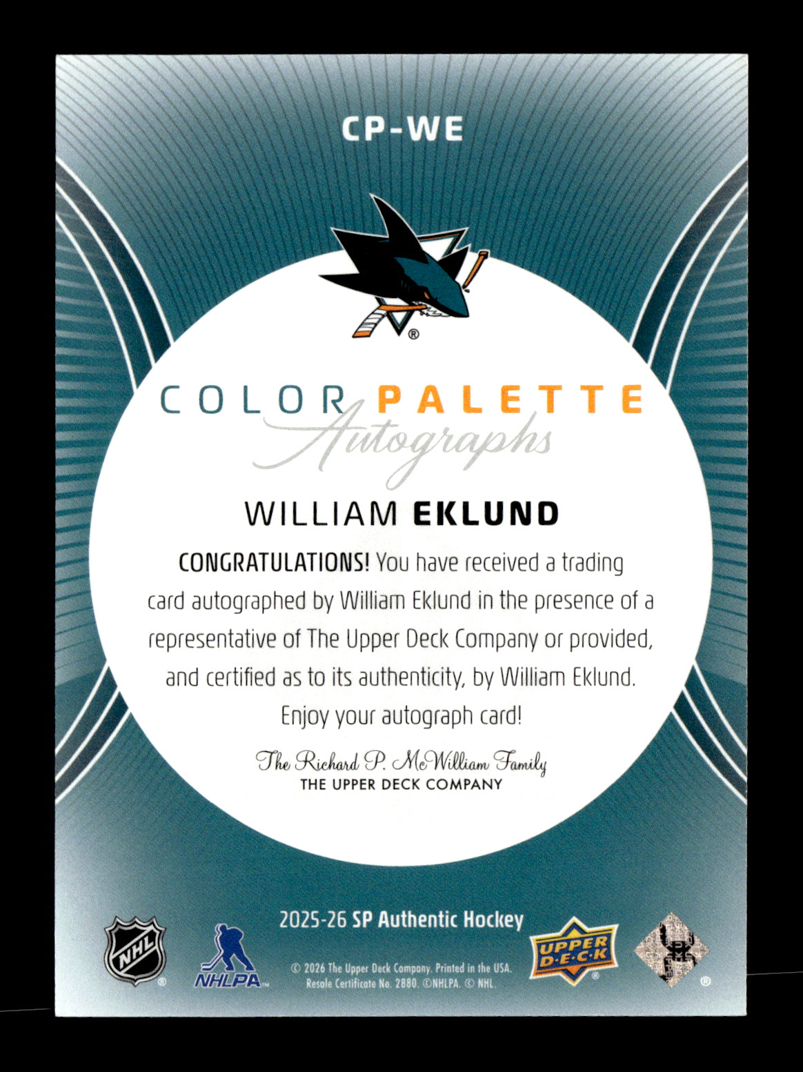 2025-26 SP Authentic William Eklund #CP-WE Color Palette Autographs San Jose Sharks