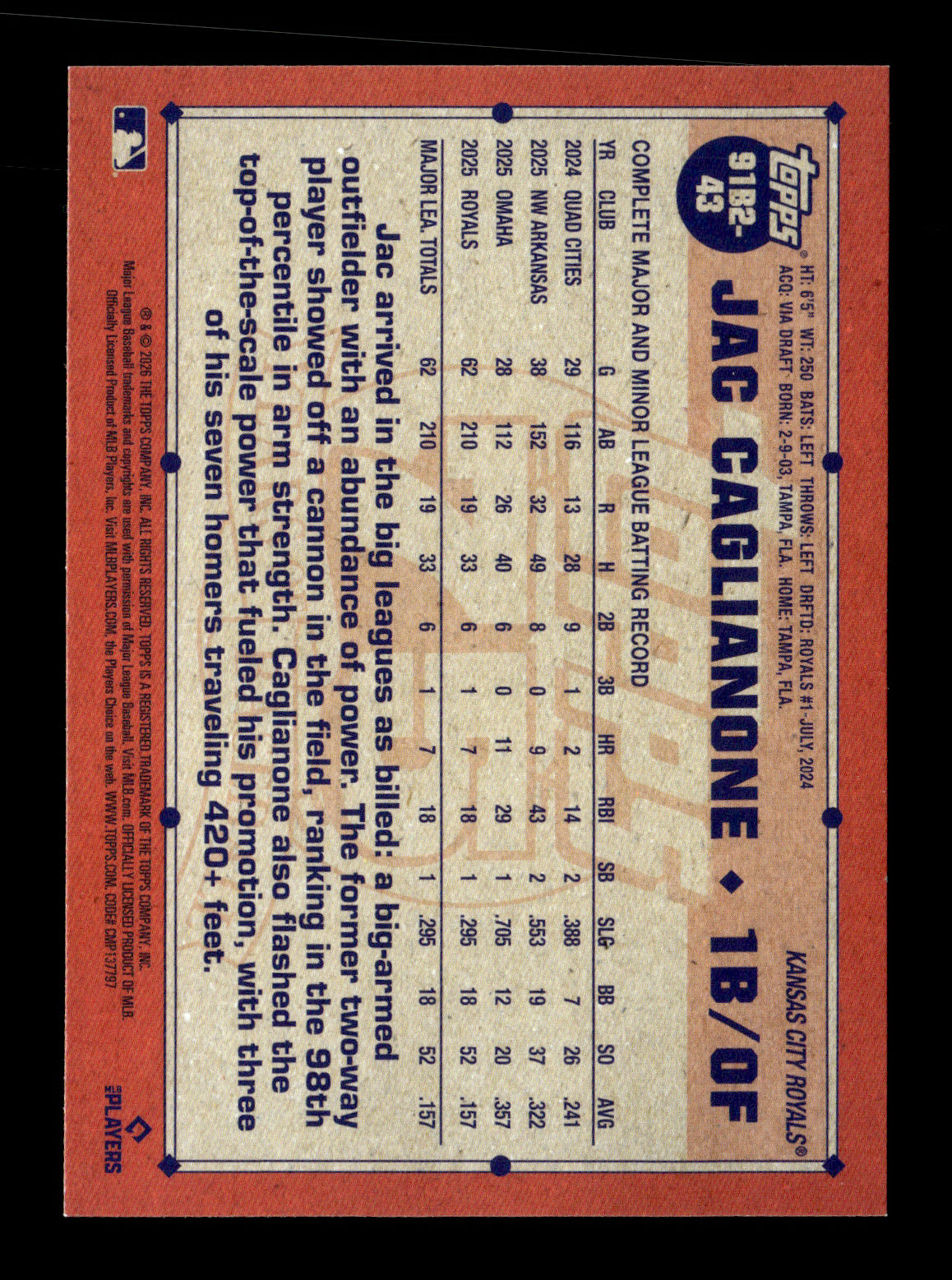 2026 Topps Jac Caglianone #91B2-43 1991 Topps Baseball 35th Anniversary Pink (Series Two) Kansas City Royals