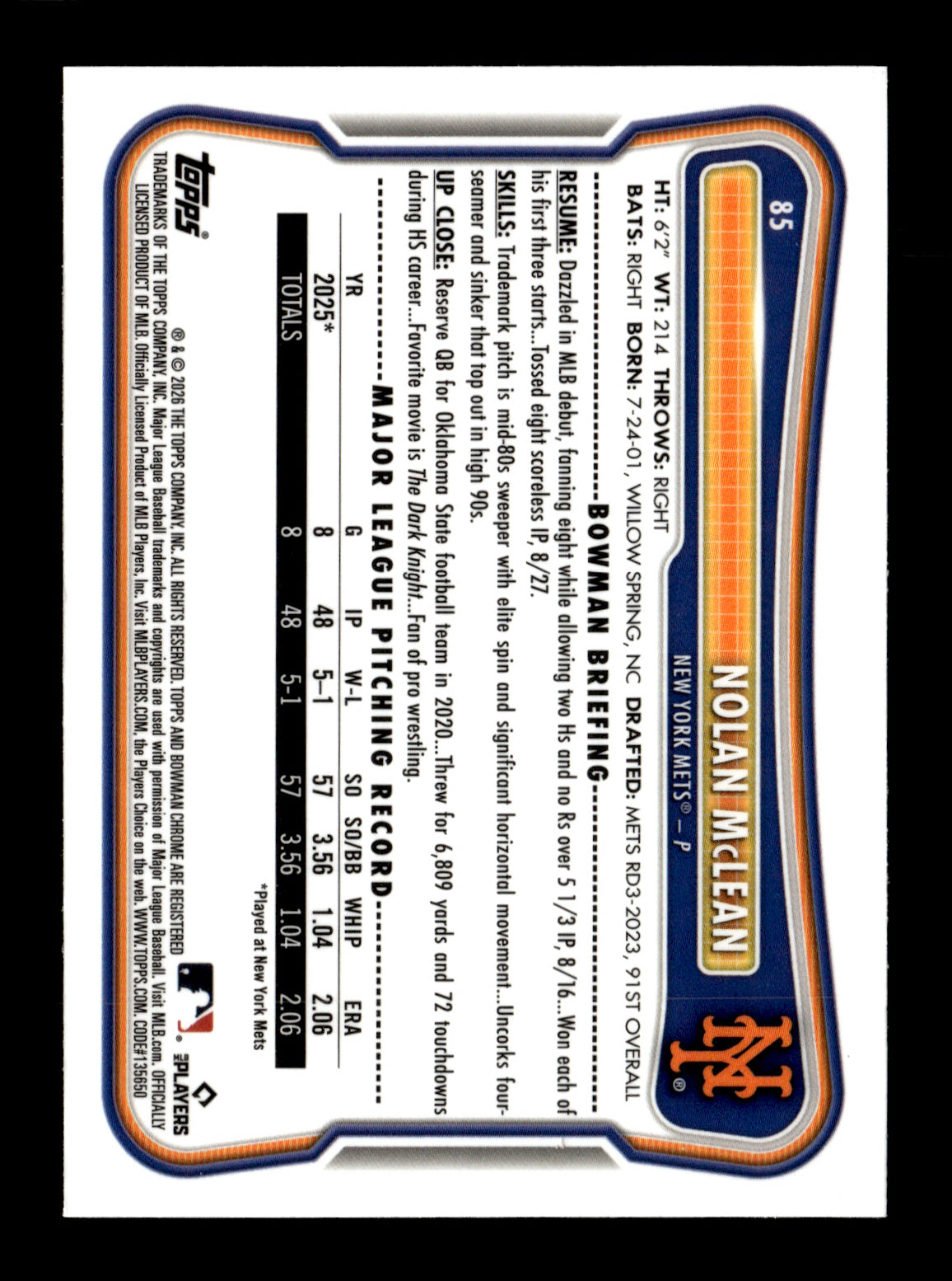 2026 Bowman Nolan McLean #85 Rookie Red RC Logo New York Mets